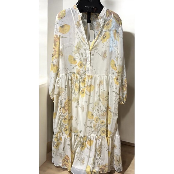 New H&M Ivory White Yellow Chiffon Floral Long Sleeve Midi Maxi Dress Size 8 - Picture 2 of 9